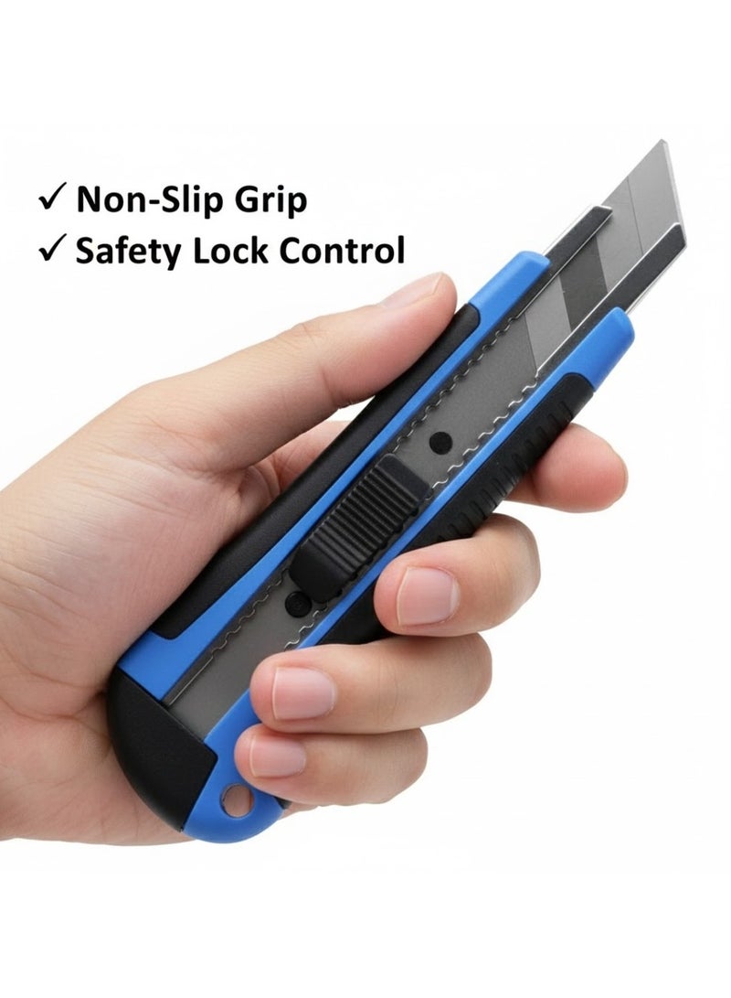 لوكاداه سكين متعدد الاستخدامات شديد التحمل مقاس 18 مم بشفرات قابلة للكسر، طقم قاطع كرتون احترافي مع شفرات احتياطية، مقبض مطاطي مانع للانزلاق، قبضة مريحة وسكين حرفي حاد قابل للسحب، أداة قطع مثالية للكرتون والسجاد والمستودعات ومناطق التعبئة والتغليف والبلاستيك، للاستخدام المنزلي والمكتبي - Image 3